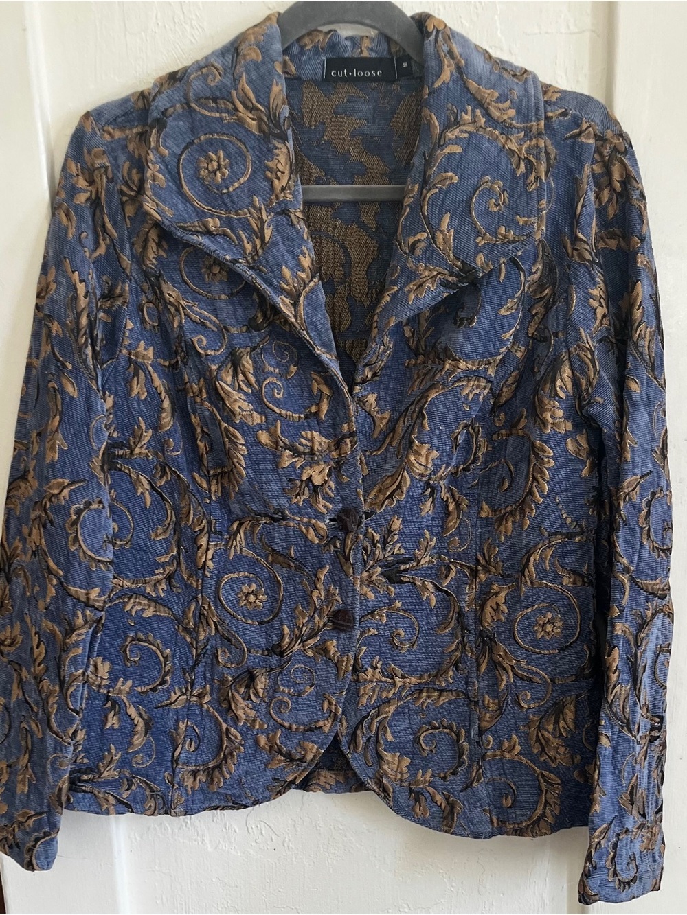 Cut loose Blue and Brown Brocade Notch-Collar Jacket